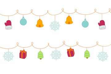 Christmas garland vector with festive elements. Cartoon mittens, bells, balls, gifts, snowflakes and trees hanging on string. Cute holiday illustration for decoration, border, banner and design