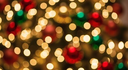 Abstract Christmas tree bokeh background with soft out-of-focus gold and red points of light, shallow depth of field.