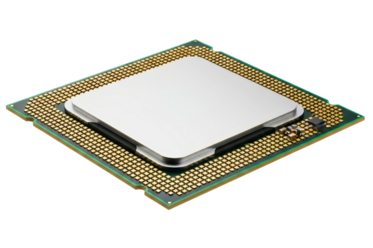 Modern central processing unit microchip for computer hardware on a transparent background