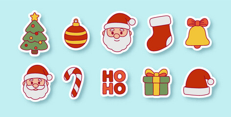 Christmas sticker set with Santa Claus, tree, gifts and ornaments. Cute cartoon holiday icons with white outline, shadow and halftone retro effect for festive decoration and design