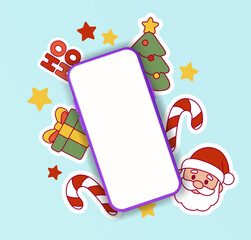 Christmas smartphone mockup with festive stickers. Cute cartoon Santa, tree, gifts, stars and candy canes around mobile device. Vector holiday illustration for app design, poster, banner
