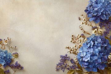 Fototapeta premium Blue Hydrangea Blooms with Dried Flowers on Textured Beige Background, Soft Light.