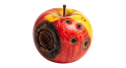 Rotting red apple shows decay and spoilage, a stark contrast against freshness and vitality