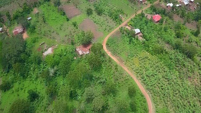 Drone landscape reveals a rural community layout, with agricultural activity and natural greenery dominating the scenery with mix of open fields, paths, and scattered homes.
