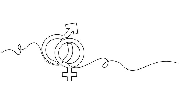 Self drawing line animation gender symbols man and woman signs continuous line drawn concept, Male and female signs. Mirror of Venus, shield and spear of Mars, man, woman. Full length line animation. 