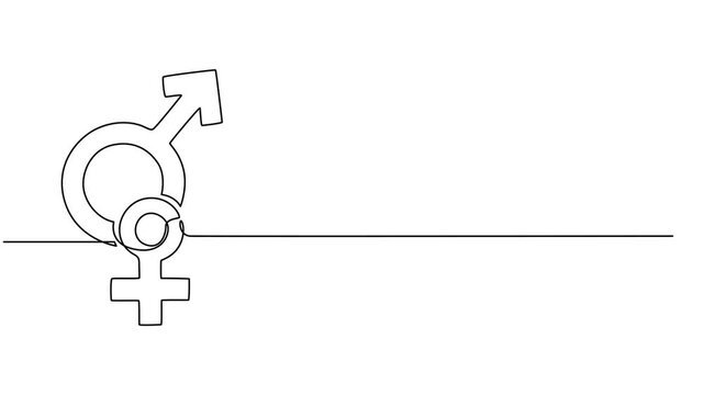 Self drawing line animation gender symbols man and woman signs continuous line drawn concept, Male and female signs. Mirror of Venus, shield and spear of Mars, man, woman. Full length line animation. 
