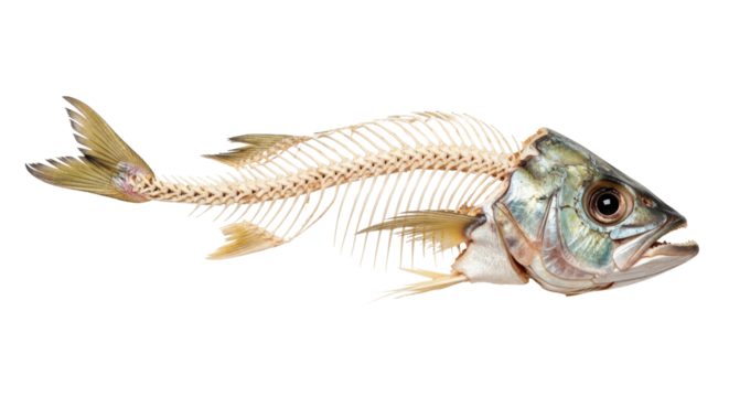 Striking fish skeleton artwork, marine life remains, anatomical study of sea creatures, scientific design