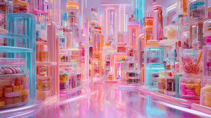 Vibrant cityscape made of glowing candy glass towers in soft pink and blue pastel hues, radiating sweetness and creativity.