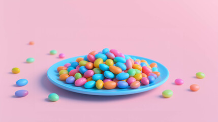 Bright candy-coated chocolates in a blue bowl on a pastel pink background, symbolizing fun, joy, and sweetness.