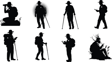 Silhouette of park ranger hiking with backpack and binoculars, outdoor exploration, wildlife protection, forest patrol, nature conservation scene illustration