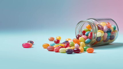 Vibrant jelly beans spilling from a glass jar on a pastel background, symbolizing fun, color, and sweetness in minimal style.
