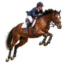 Naklejka premium Equestrian rider on horse in mid-air jumping, powerful jumping in competition. 