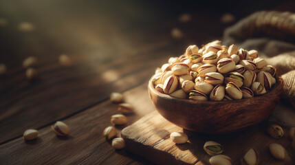 Bowl of roasted pistachios placed on a cozy wooden surface under soft sunlight, highlighting their green kernels and organic texture in a calm, natural setting.