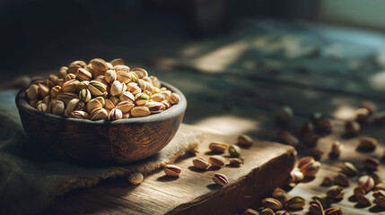 Rustic close-up of a wooden bowl filled with roasted pistachios on a sunlit wooden table, showcasing their natural texture and earthy tones in warm morning light.