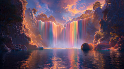 Vibrant fantasy landscape of a colorful candy waterfall flowing between rocky cliffs into a serene lake, glowing under magical sunset light, symbolizing imagination and wonder.