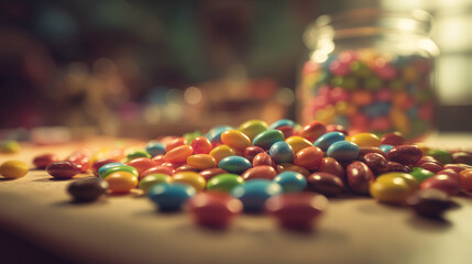 Close-up of colorful chocolate candies with blurred background, representing sweetness, fun, and indulgence.