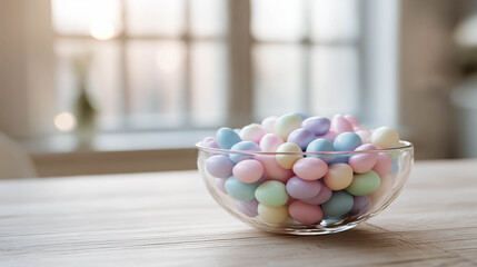 Bowl of pastel-colored sugar candies placed on a bright table with soft natural light, creating a dreamy sweet aesthetic.