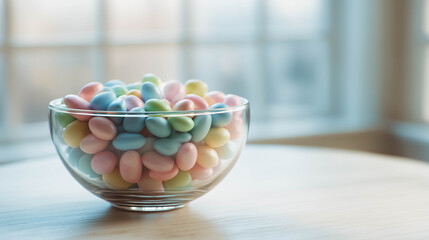 Assorted colorful candies in a glass bowl placed on a bright table, symbolizing childhood joy and festive fun.