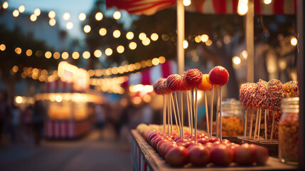 Glazed red candys on sticks at a festive carnival stall with glowing bokeh lights in the background.