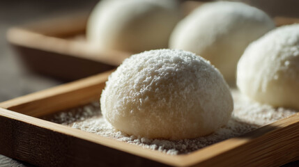 Close-up of a traditional Japanese mochi rice cake dessert made from glutinous rice flour, soft and chewy in texture, symbolizing celebration, harmony, and Japanese culture.