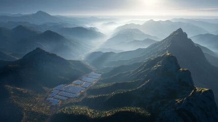 Sunlight piercing through misty mountain ridges, revealing layers of fog and landscape in peaceful morning light.