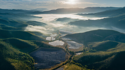 Aerial view of solar panels in misty mountain valley, symbolizing renewable energy and sustainable technology