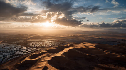 Golden sunrise over desert dunes with solar panels visible on the left, symbolizing the harmony between nature and renewable energy in a sustainable future.