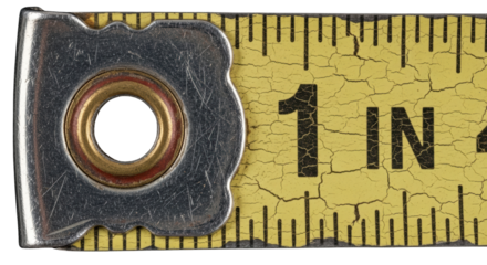 Close up view of a one inch measurement on a yellow tape measure with metal end hook