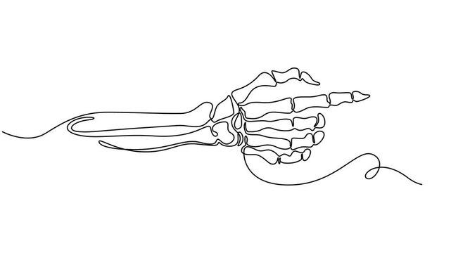 Peace sign skeleton hand animation continuous one line drawing, 4K video animation with alpha channel. Full length one line animation. hand arise from gravestone grave cemetery memorial halloween pro.