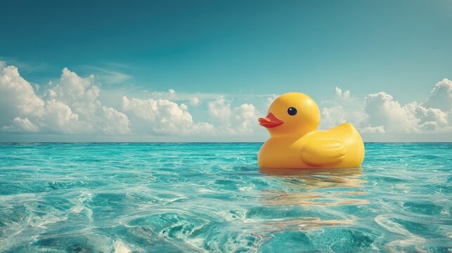 Cheerful Yellow Rubber Duck Floating in Turquoise Ocean Under Cloudy Sky.