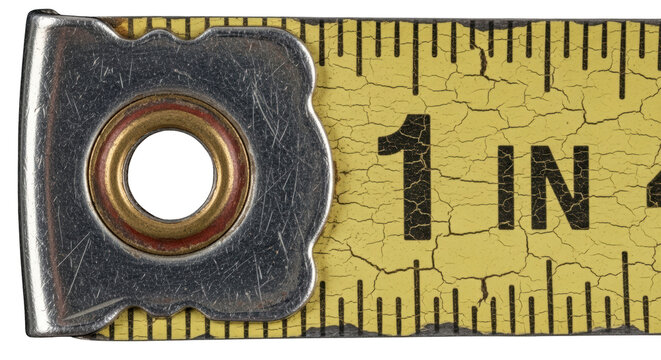 Close up view of a one inch measurement on a yellow tape measure with metal end hook