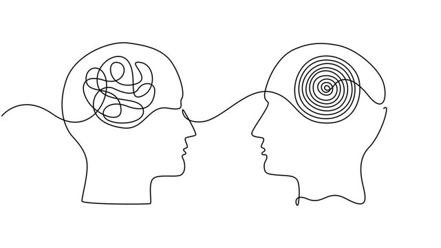 Person Complicated Brain animation continuous one line drawing. Self drawing animation of one continuous line two human heads with opposite thinking. The concept of chaos and order in thoughts. Full.