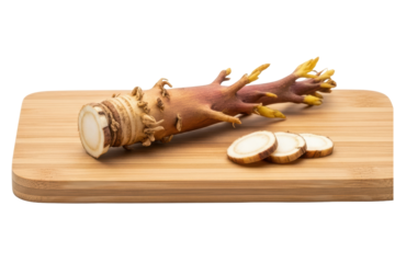 Fresh organic bamboo shoot sliced on a wooden cutting board on a transparent background