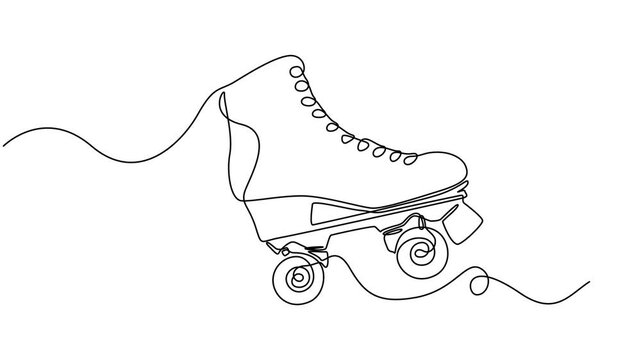 Animated self drawing of continuous line draw pair of vintage, retro quad roller skates icon logo symbol, Full length one line animation, skates icon logo symbol. Sketch style pair of quad roller is.