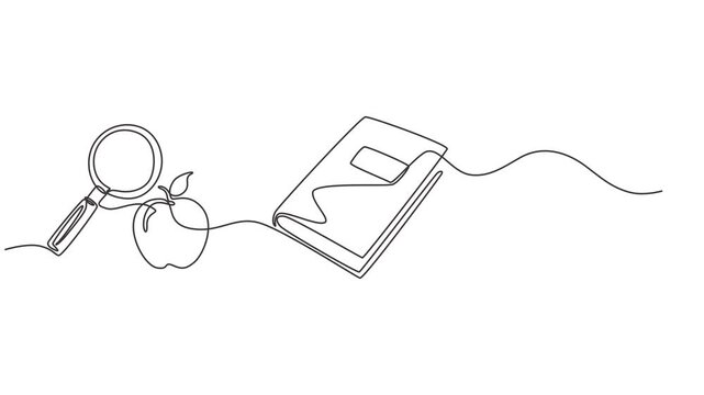 stack of books an apple a magnifying glass animation continuous one line drawing, Education and back to school isometric concept on web page  onboarding screen template. Full length one line animated.