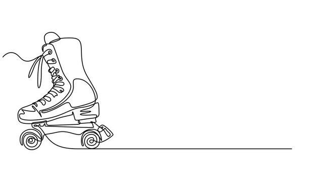 Animated self drawing of continuous line draw pair of vintage, retro quad roller skates icon logo symbol, Full length one line animation, skates icon logo symbol. Sketch style pair of quad roller is.