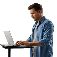 Man working on a laptop at a standing desk focused and productive isolated on white