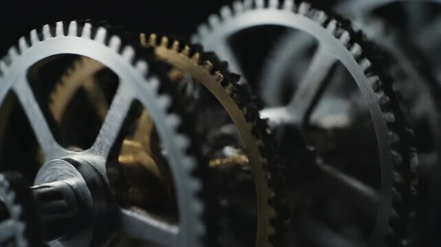Cinematic macro close-up tracking shot of intricate, clean metallic machine gears slowly turning with moody dramatic lighting innovation, working, industry
