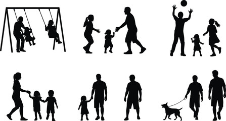 Family silhouette, children playing, adult interaction, walking dog, caregiving moment, parenting scene, bonding activity, outdoor lifestyle, flat vector illustration