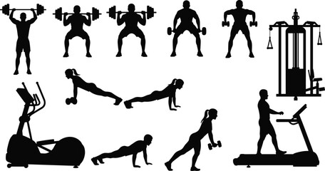 Fitness workout silhouettes, gym exercises, strength training, cardio activity, dumbbells, barbell, treadmill, plank, push-up, flat vector illustration