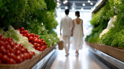 Couple browsing grocery store aisle, reaching for colorful organic vegetables, sharing intimate moment while prioritizing healthy nutrition and wellness together