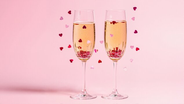 Two glasses of champagne with heart confetti for a romantic celebration. Valentine's Day or anniversary concept on a pink background