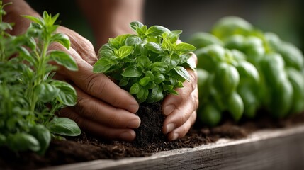 Gardener's hands gently nestling fresh oregano into rich, dark soil within rustic wooden planter, herbs surrounding green growing space
