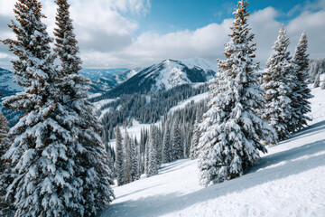 Ski resort landscape with snow and pine trees