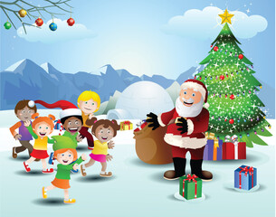 illustration of a multicultural children running  to Santa Claus on Christmas background