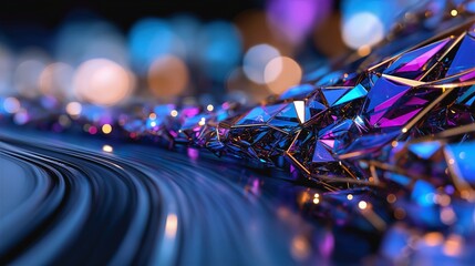 Glowing blue and purple crystals cascading over curved metallic surface, radiating futuristic luxury with softened bokeh illumination