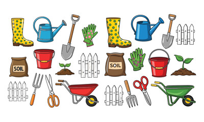 Charming hand-drawn garden tools and supplies doodle collection for outdoor projects