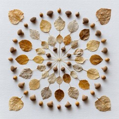 Ephemeral Harmony - A Symmetrical Autumn Mandala of Poplar Leaves and Acorns.