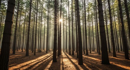 Naklejka premium Sunlight streaming through tall trees in a dense forest casting long shadows on the ground below