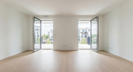 Fototapeta premium Bright empty room with wood floor and open doors leading to balconies in a modern apartment